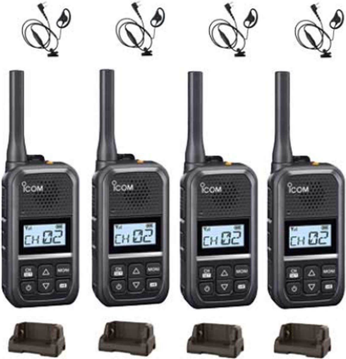 Set van 4 Icom IC-U20SR IP54 mini Portofoon met tafel lader en D-shape oortje