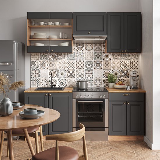Vicco Fame- Line Meuble de cuisine complet – 200 cm, WB Chêne Anthracite Country House/ Goud Kraft Oak, WB Chêne