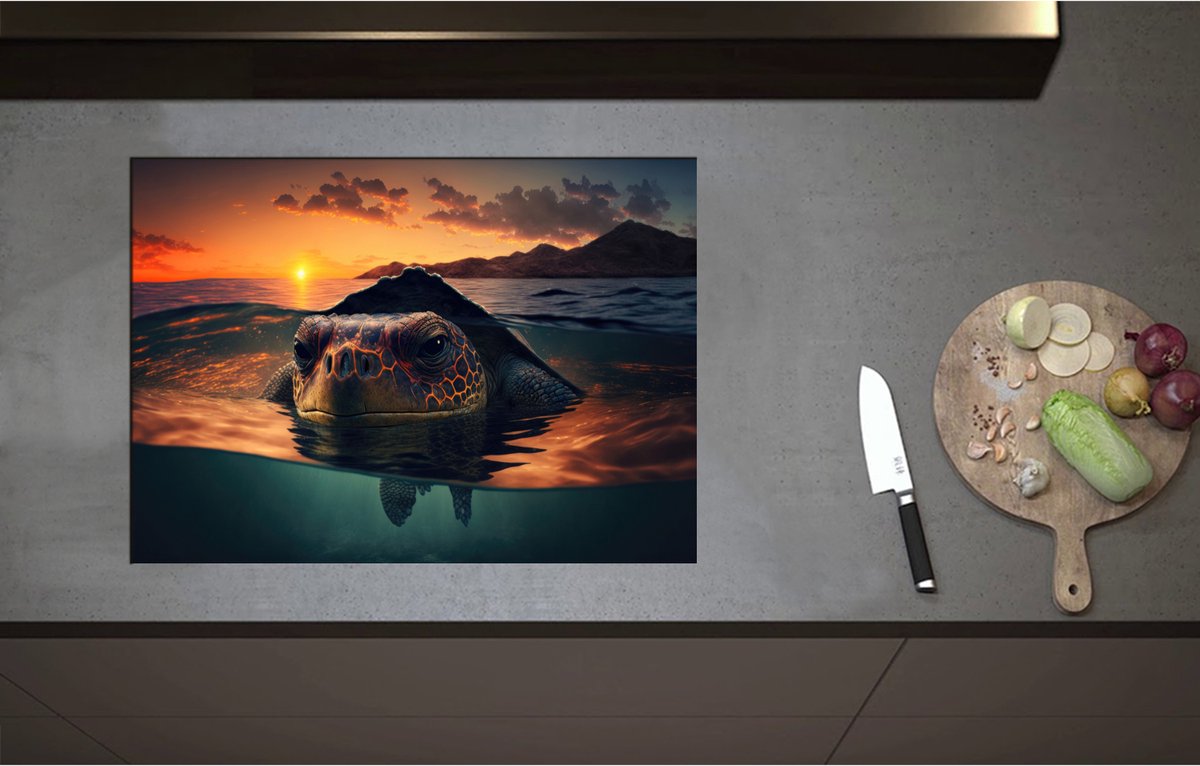 Inductieplaat Beschermer - Close-up van Boze Zeeschildpad Dobberend bij het Wateroppervlak - 71x51 cm - 2 mm Dik - Inductie Beschermer - Bescherming Inductiekookplaat - Kookplaat Beschermer van Zwart Vinyl