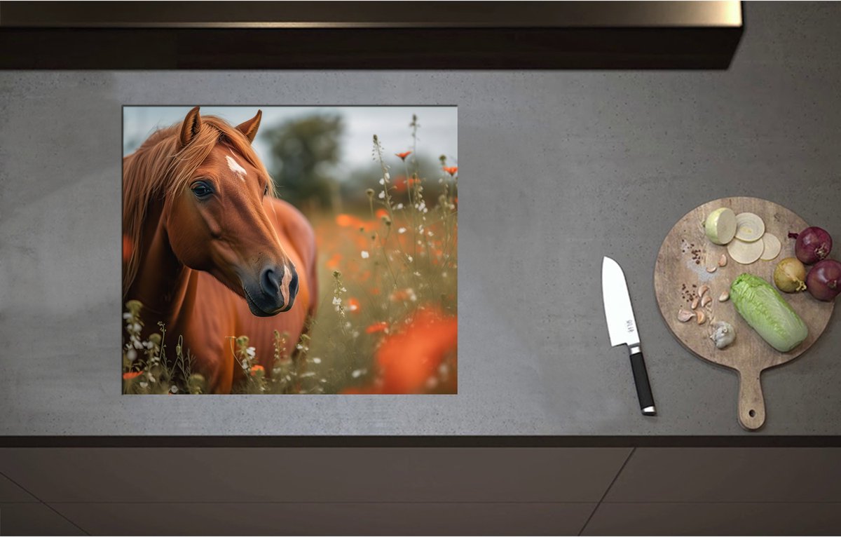 Inductieplaat Beschermer - Bruin paard staat in weiland met rode klaprozen - 60x52 cm - 2 mm Dik - Inductie Beschermer - Bescherming Inductiekookplaat - Kookplaat Beschermer van Zwart Vinyl