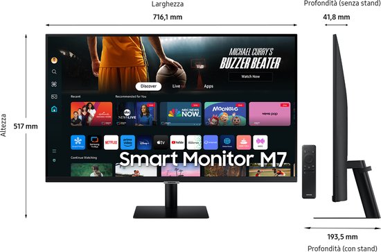 Samsung 32″ Smart Monitor M7 UHD 4K 3840×2160 LED 4 ms 60 Hz VA scherm met ingebouwde speakers USB-hub