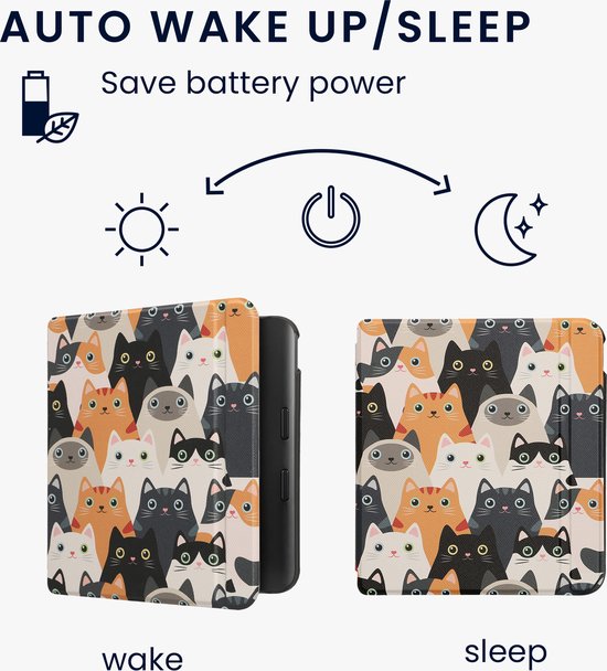 kwmobile e-reader hoesje geschikt voor Kobo Libra Colour hoes - E reader flip case met magnetische sluiting - Ereader cover - Katten design in oranje / zwart / wit van Merkloos — afbeelding 3
