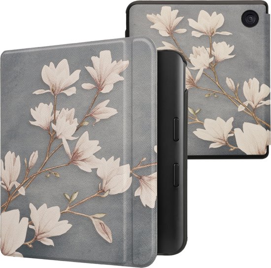 Étui pour liseuse kwmobile adapté à Kobo Libra Color cover - Étui à rabat pour liseuse avec fermeture magnétique - Étui pour liseuse - Design Magnolia en taupe / blanc / bleu gris