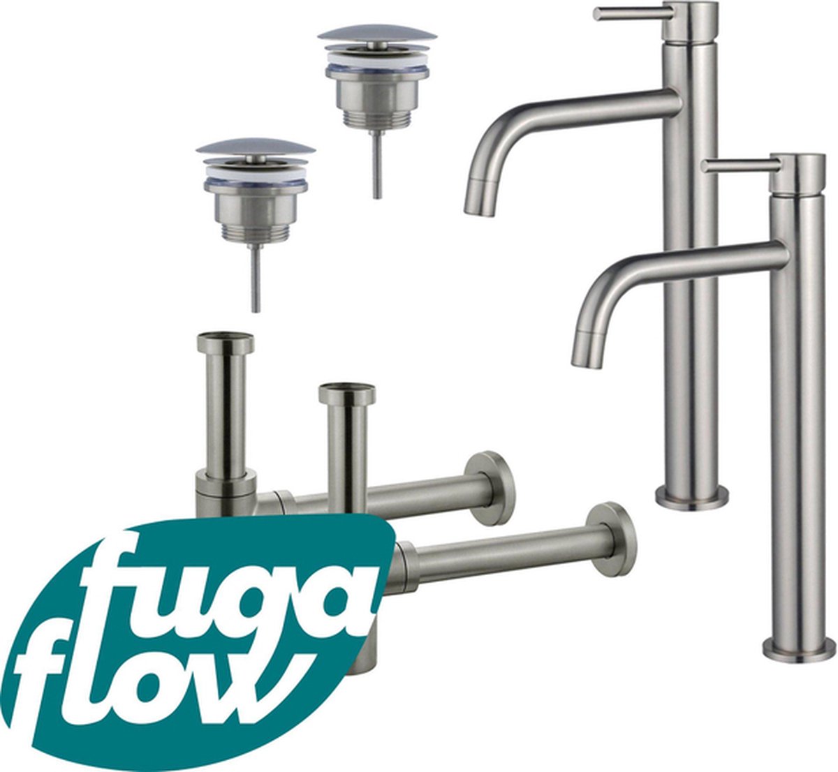 FugaFlow Eccelente Sobrado Badkamer Slim Wastafelkraanset voor dubbele wastafel verhoogde wastafelkraan always open plug design sifon PVD Geborsteld RVS