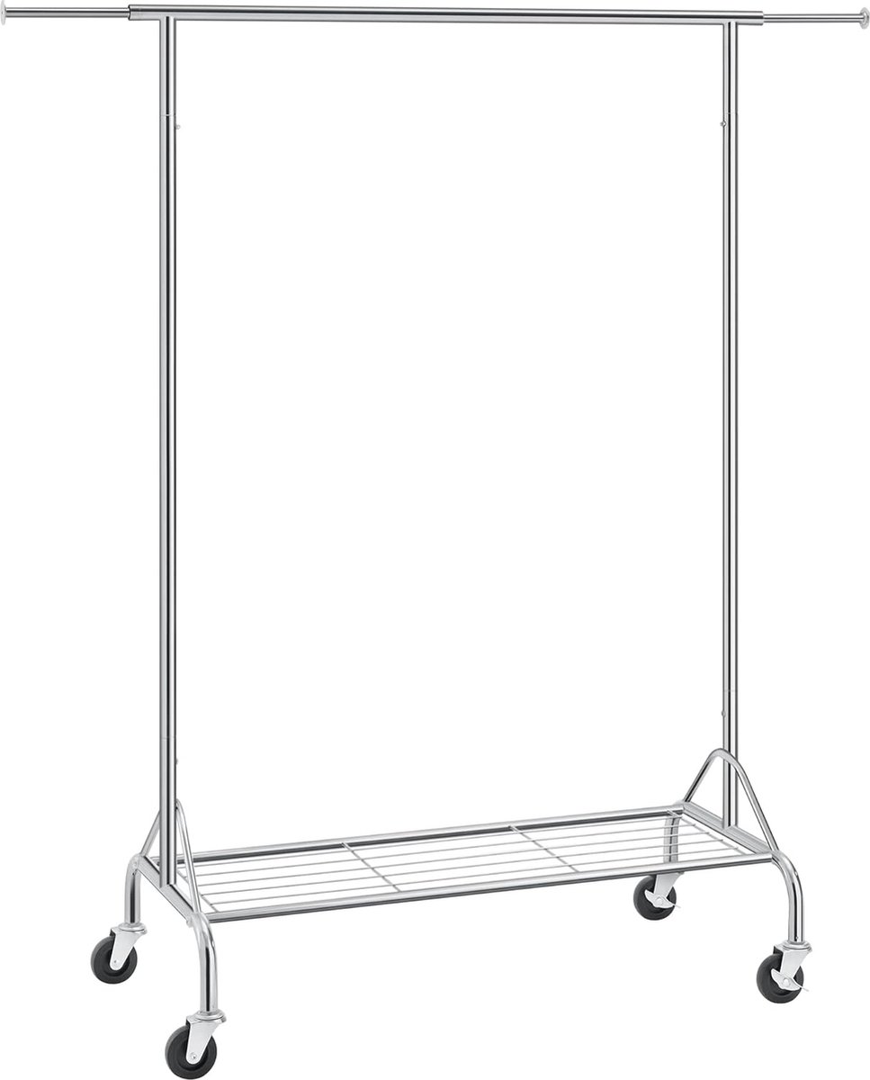 FurnStar - Kledingrek - Kledinghangers -Kledingrek op wielen - Eenvoudige montage - Industriële stijl -50 kg draagvermogen - Lengte 109-149 cm - Chroom