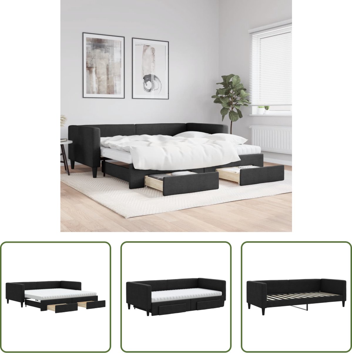 The Living Store Slaapbank Onderschuifbed - 223 x 212.5 x 68 cm - Zwart