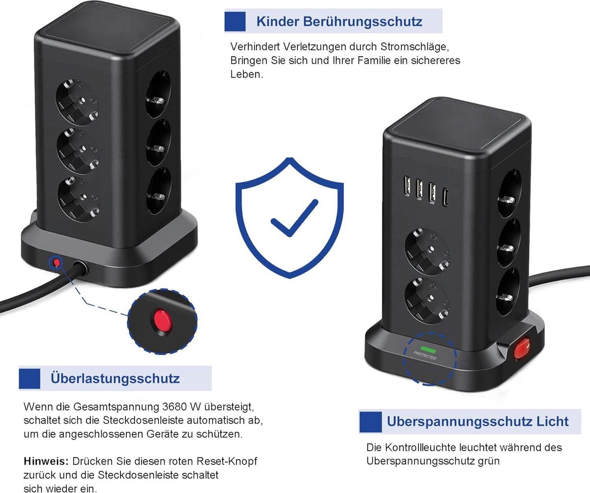 FDTEK Stekkerdoos Overspanningsbeveiliging met 4 USB en 9 Stekkers 13 en 1 Stekkerblok met Schakelaar, 2500W/10A Meervoudige Stopcontacten met 1,65 m Terugtrekbaar Kabel voor Kantoor en Thuis, Wit