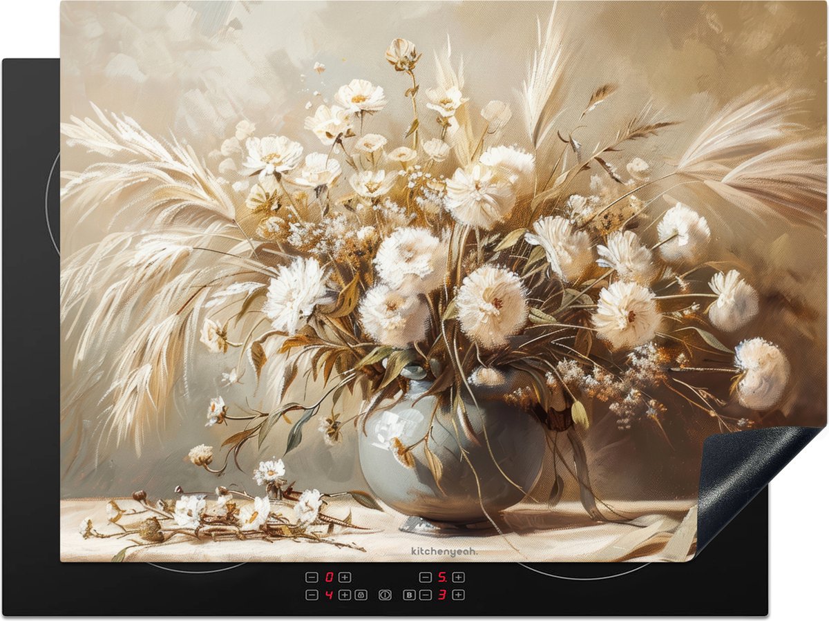KitchenYeah® Inductie beschermer 70x50 cm - Bloemen - Boeket - Droogbloemen - Beige - Afdekplaat voor kookplaat - Inductieplaat mat - Beschermingsmat - Beschermplaat - Keuken bescherm decoratie - Afdek kookplaten