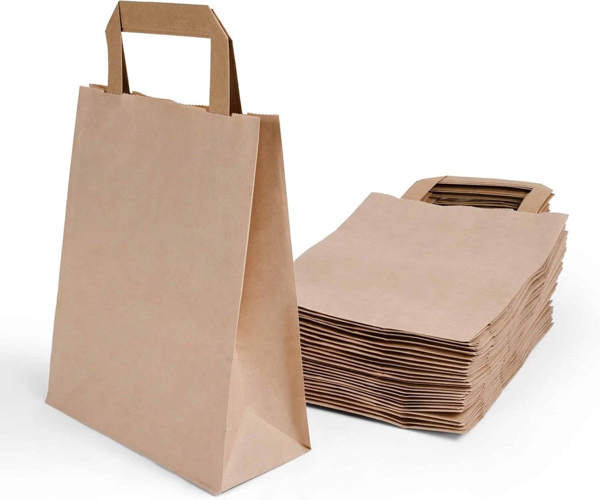 Papieren draagtassen cadeauzakjes met handvat - kleine papieren zakken bruin - 18+08x22 cm - 250 stuks