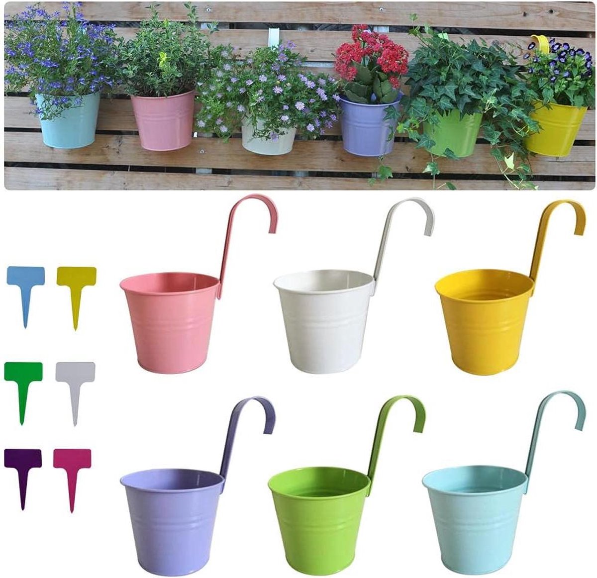 Hangpotten voor buiten - kleurrijke metalen bloempotten - afneembare haak - plantenbak voor balkon en tuin - 16 x 12 x 26 cm - set van 6
