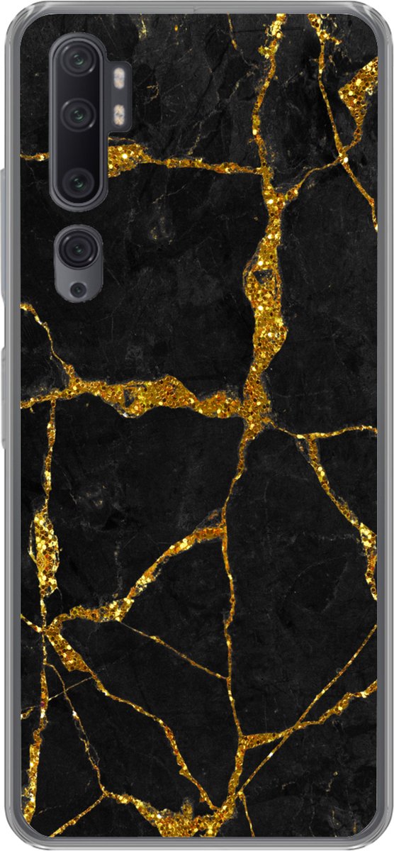 Telefoonhoesje Geschikt voor Xiaomi Mi Note 10 Pro hoesje - Marmer print - Goud - Zwart - Marmer printlook - Glitter - Siliconen Telefoonhoesje Telefoonhoesje