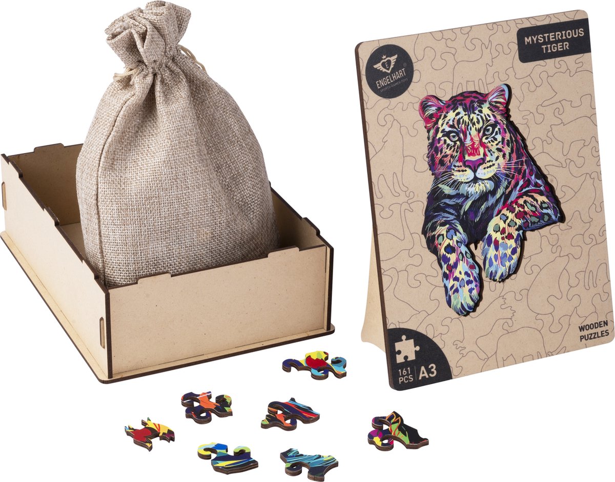 Houten Puzzel Tijger – 161 Unieke Puzzelstukjes – A3 Formaat Grote Houten Legpuzzel – Dieren Puzzelspel – Uitdagend Denkspel – Inclusief Opbergetui – Engelhart — afbeelding 12