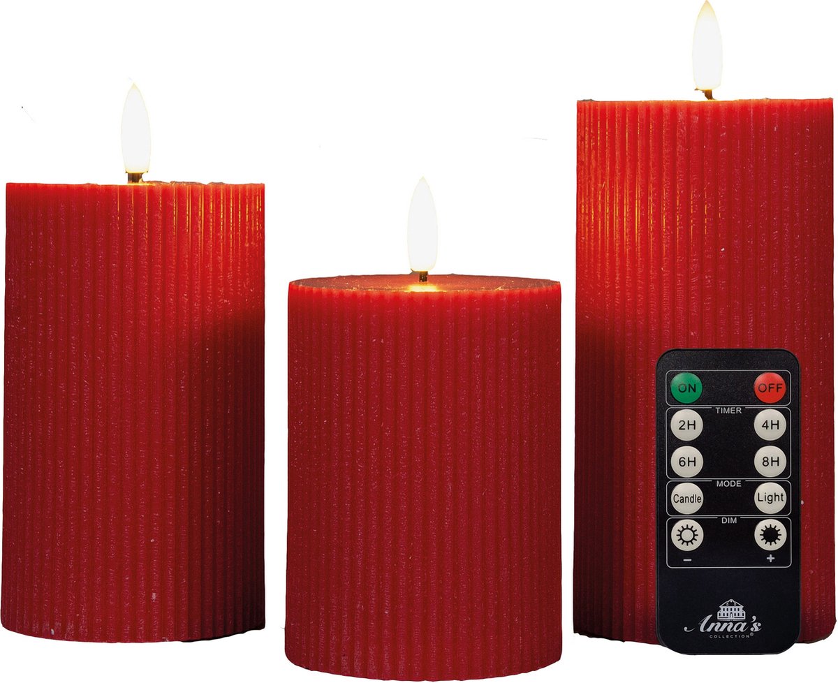 Anna's Collection Anna Collection LED stompkaarsen - 3x - rood - ribbel