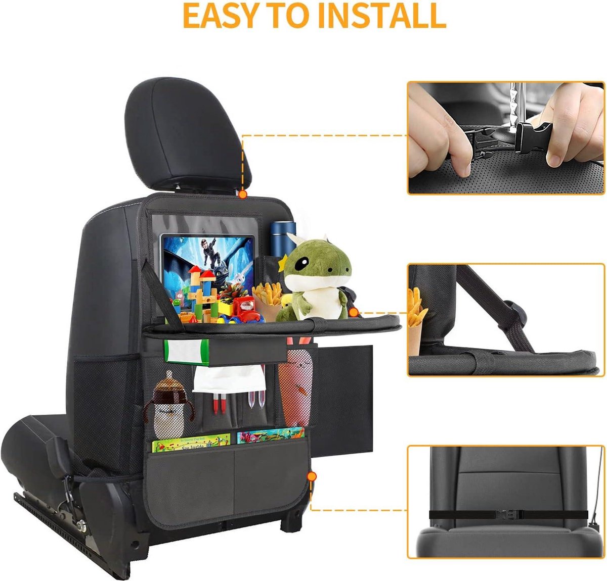 Rugleuningbescherming met opvouwbare tafel - Autoorganizer voor kinderen met 12 inch tablethouder - Waterdichte achterbank-organizer met 13 zakken Auto tafel – foto 7