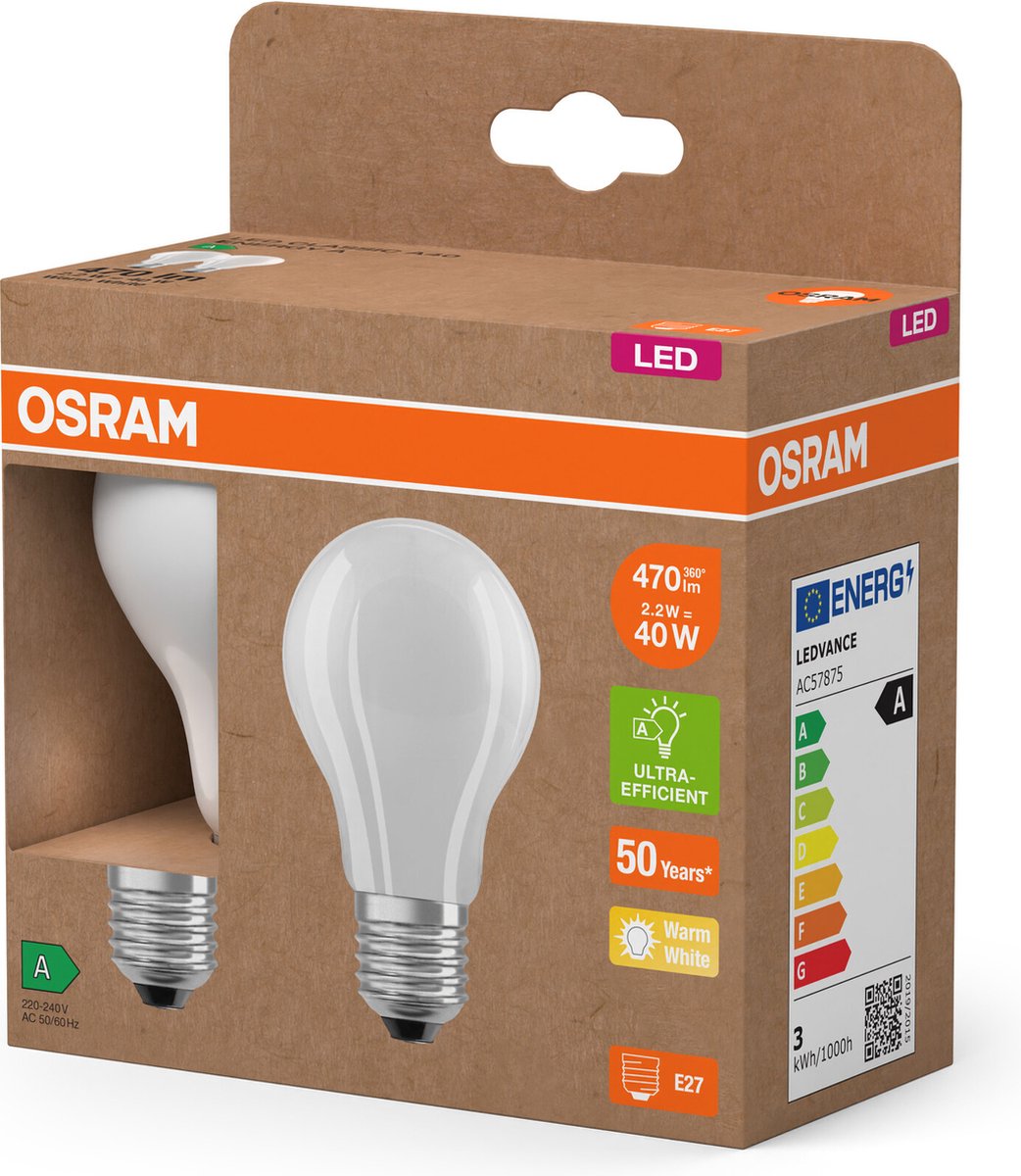 Osram LED Superstar Classic LED-Lampe A 40 in klassischer Kolbenform aus gefrostetem Glas 2.2 W 470 lm E27 Fassung warmweißes Licht mit 2700 K EEK A 60 mm Durchmesser 2er-Pack