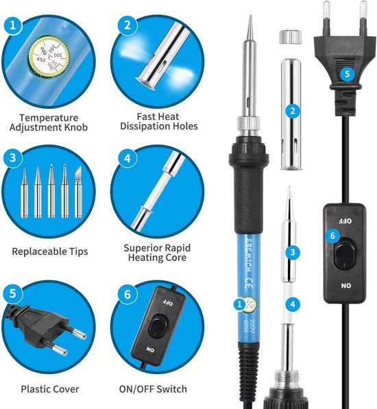 Kit Fer à Souder 80W CIRULLI 17 En 1 - Température 350°C-500°C, Avec Pompe à Dessouder, Idéal Bricolage électronique