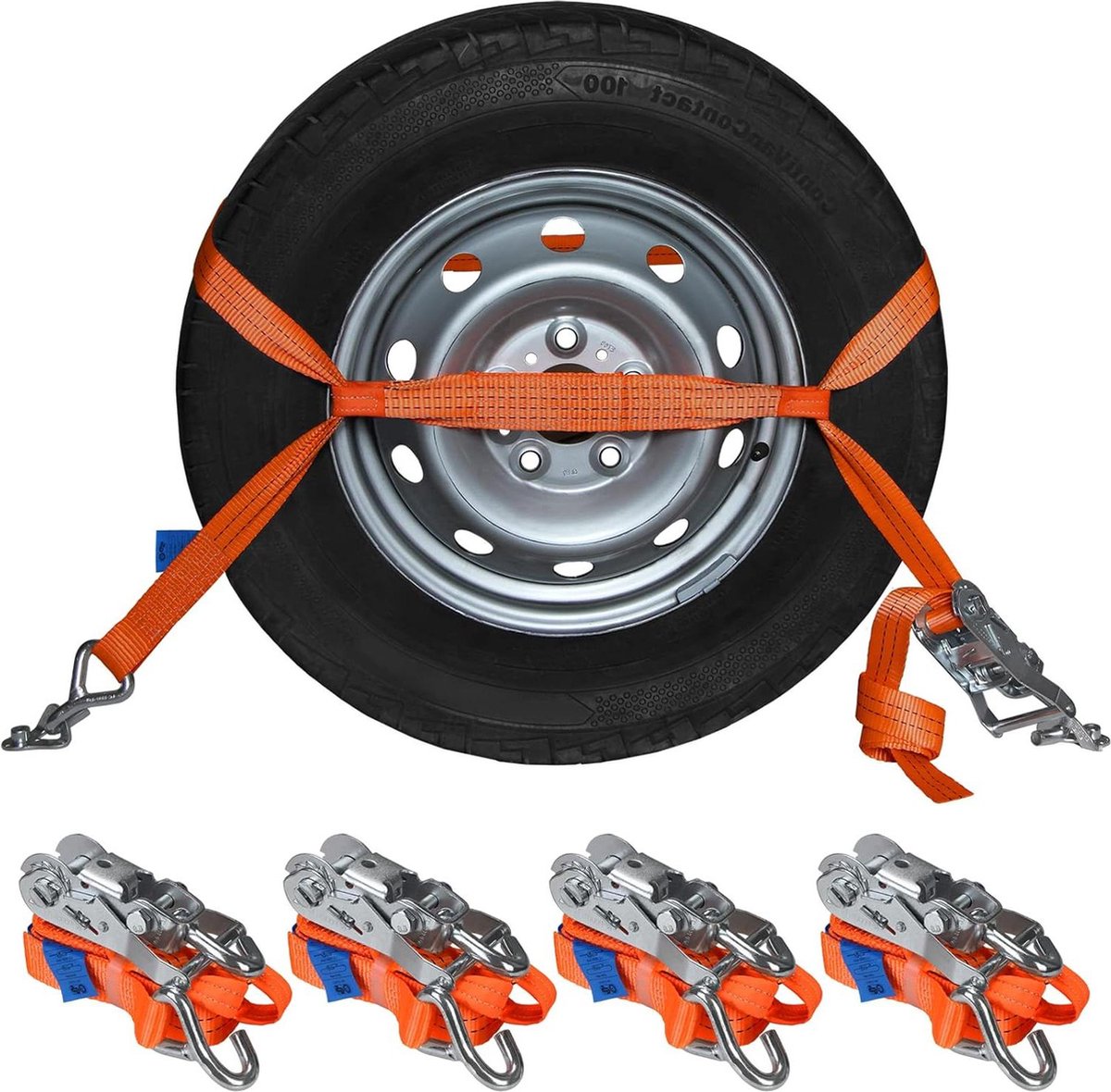Autotransport Wielspanbanden Set van 4 29 m Ratelbanden 2000 daN Spanbanden 50mm Autowielslot DIN EN 12195-2