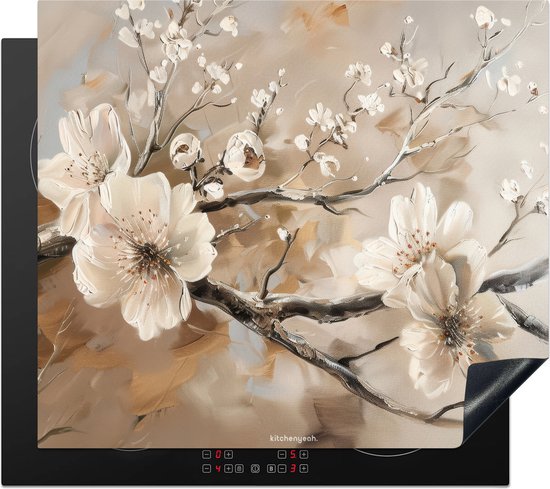 KitchenYeah® Protection plaque induction 58.3x51.3 cm - Fleurs - Abstrait - Peint - Beige - Protege plaque de cuisson - Couvre plaque induction - Protecteur d'induction - Cuisine