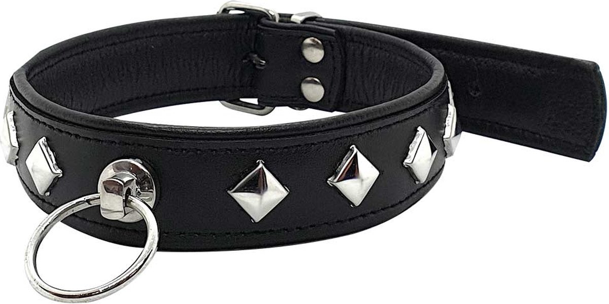 Goedkoopste Black Label - Lederen O-Ring Collar met Studs - Zwart