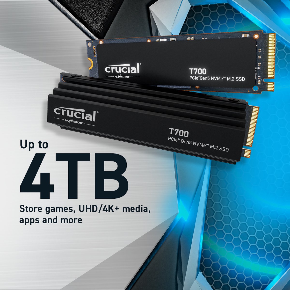 内蔵型SSD Crucial T700 2TB PCIe Gen5 NVMe M.2 SSD Crucial T700 PCIe 5.0 NVMe SSD - 2TB opslag - 12.400 MB/s