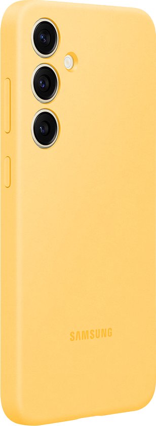 Gele Samsung siliconen hoes voor Galaxy S24+ op een witte achtergrond.