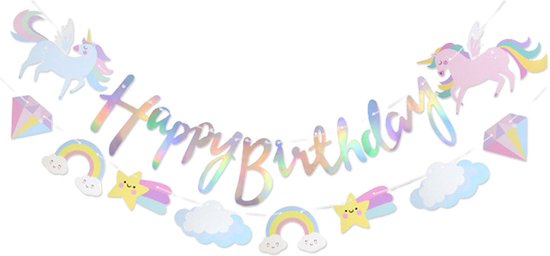 Gekleurde 'Happy Birthday' slinger met eenhoorns, regenbogen, sterren, diamanten en wolken.