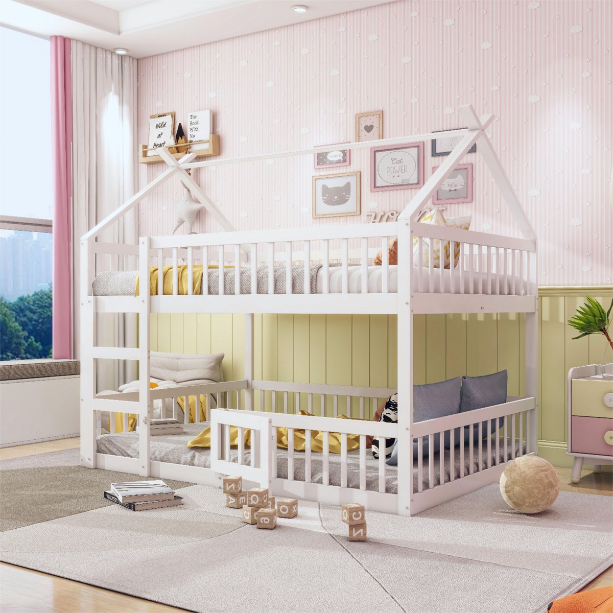 Sweiko Kinderbed Stapelbed 140*200cm, Kinderfamiliebed, Stapelbed met trap, Loft ontwerp, Massief houten Stapelbed, Wit
