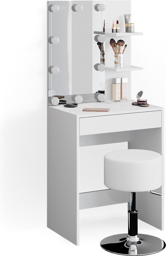 Witte kaptafel 'Isabelle' met spiegel, LED-verlichting, een lade en een kruk op glanzende voet.