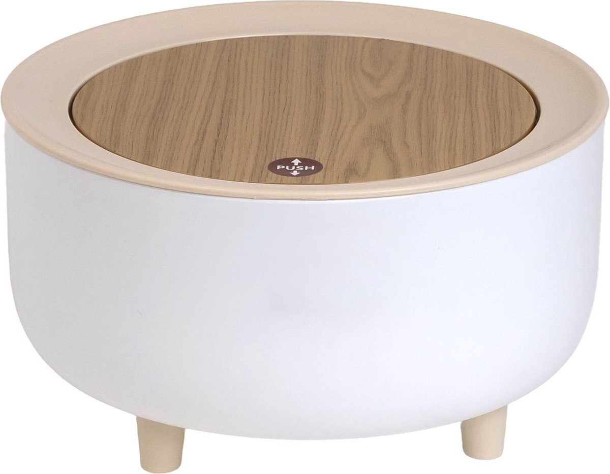 Goedkoopste Intirilife cosmetic bin platte afvalemmer in wit met beige deksel en bamboe-look - 19,3 x 10,7 cm - Tafelemmer met drukknopopening voor badkamer kantoor keuken Mini tafelemmer met krasbescherming