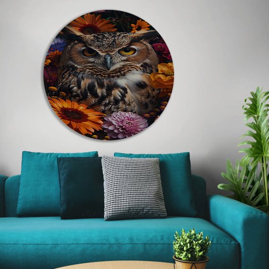 Tableau rond Hibou - Bol mural animaux - Bols muraux Fleurs - Décoration murale industrielle - Panneau mural - Décoration murale cercle mural forex 90x90 cm