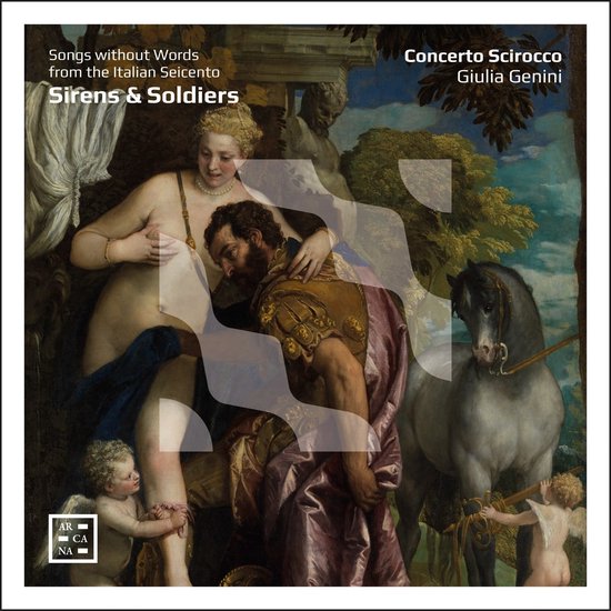 Albumhoes met een schilderij van een man en vrouw, met een paard en engelen. Titel: Sirens & Soldiers, Concerto Scirocco Giulia Genini.