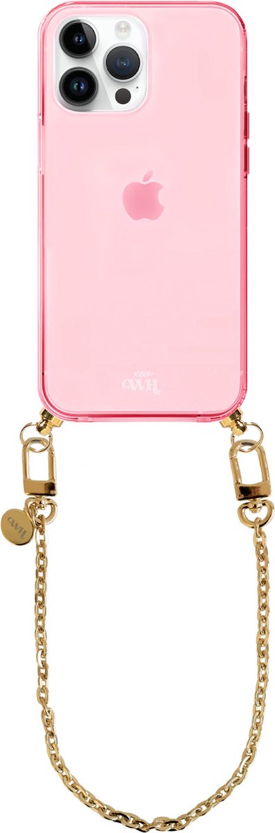 xoxo Wildhearts silicone case met koord - Roze telefoonhoesje met koord - telefoonketting - Dreamy - short - Cord Case - geschikt voor Apple iPhone 14 Pro Max - Korte gouden ketting