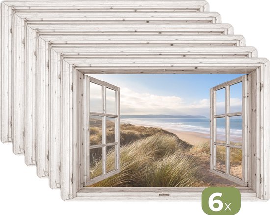 Foto: Placemats 6 stuks 45x30 cm placemat kunststof doorkijk strand zee duinen helmgras zand blauw borden onderleggers decoratie voor op tafel keuken tafeldecoratie accessoires vinyl onderlegger tafelversiering