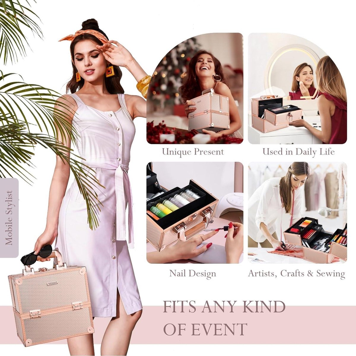 Complete Make-up koffer lege make-upkoffer aluminium beauty-case afsluitbaar nagelkoffer multikoffer roségoud Medium Complete Make up koffer