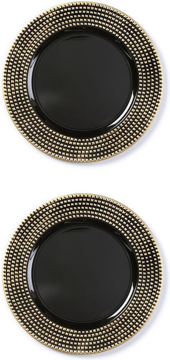 Inge Christmas kaarsbord - 6x stuks - zwart met gouden steentjes - kunststof - 33 cm - onderbord