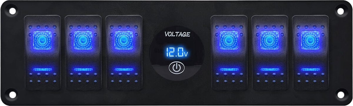 ProRide Schakelpaneel 12V voor Auto/Boot - Universele voltmeter met Aan/uit schakelaar - 12/24V - 6 schakelaars - Blauw