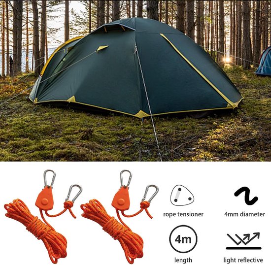 Lot 4 Cordes De Tente Réfléchissantes 4m - Haubans Camping Avec Tendeur Cliquet, Mousqueton Inox, Corde 4mm Ultra-Visibles Nuit, Pour Tente, Bâche, Parasol