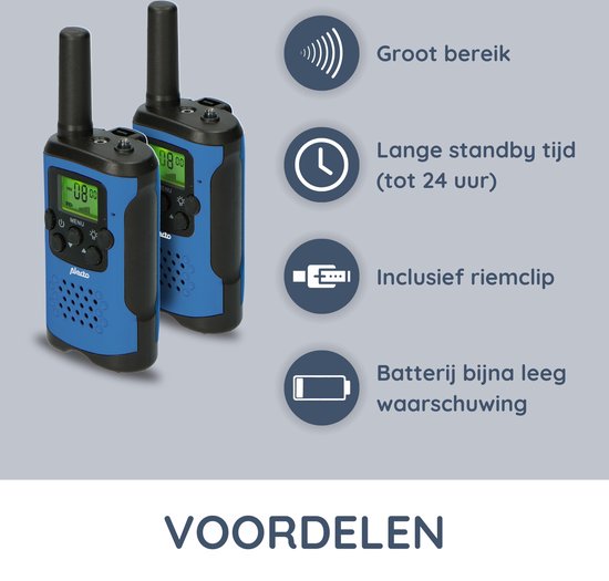 Voordelen van de Alecto walkietalkie: groot bereik, lange standby, riemclip en batterijwaarschuwing.
