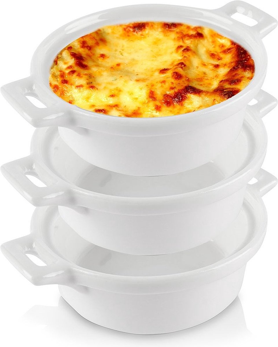 Ramekins Porselein Wit 130 ml 3 stuks - Schaaltje - Set - Ovenschaal - Snackkommen - Dipschalen - Kleine Komen voor Dipsauzen en Snacks