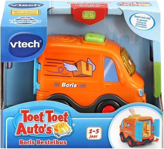 Oranje VTech Boris Bestelbus speelgoed in verpakking, met VTech logo en 'Toet Toet Auto's' opdruk.