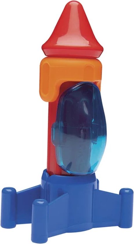 Rood, oranje en blauw raket speelgoed met transparant blauwe cockpit.