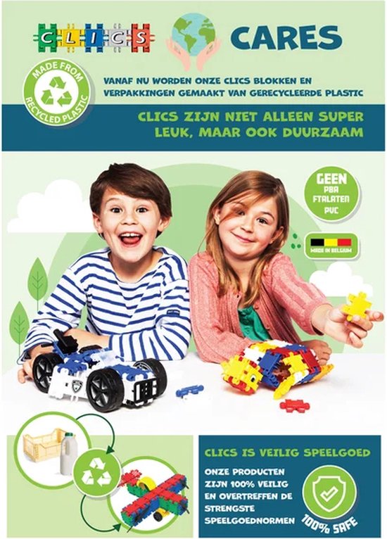 Clics bouwblokken– DUURZAAM SPEELGOED gemaakt van GERECYCLEERDE kunststof- bouwset 15 in 1 - speelgoed 4,5,6,7,8 jaar jongens en meisjes- educatief speelgoed- Montessori speelgoed- constructie speelgoed