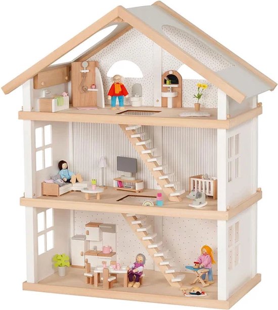 Gedecoreerd houten poppenhuis met meubels en poppen op alle drie de verdiepingen.
