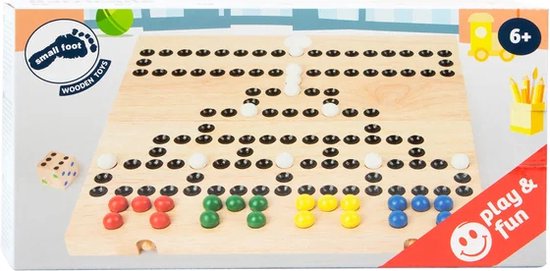 Doos van Small Foot Houten Barricade Dobbelspel met speelbord, pionnen en dobbelsteen.