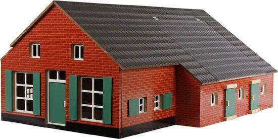 Speelgoedboerderij van rood baksteen met groen dak en groene luiken.