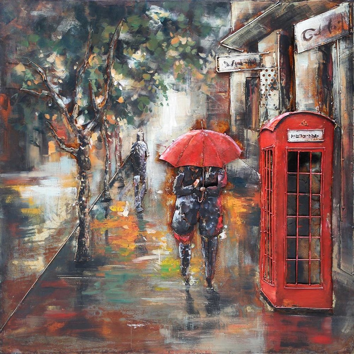 Schilderij - metaalschilderij -Londen in de regen 100x100cm