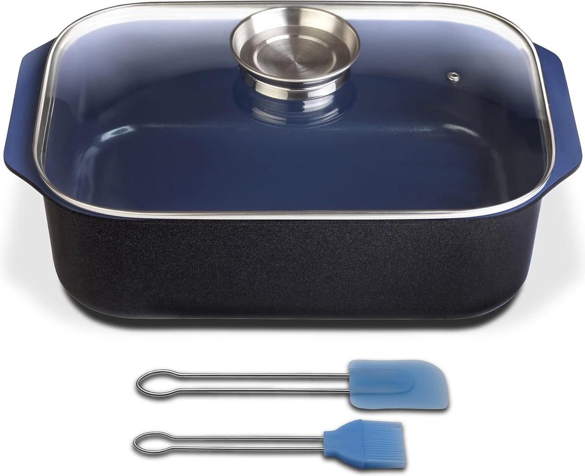 Ceramica kobaltblauwe inductie rechthoekige braadslede met glazen aroma-deksel 40 x 26 x 11 cm 80 liter incl. Bakkwastenset gegoten aluminium zwart blauw
