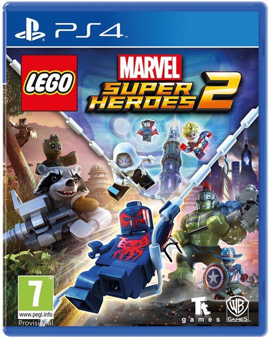 LEGO Marvel Super Heroes 2 PS4-hoes met Spider-Man 2099, Hulk, Captain America, Rocket Raccoon, Groot en Spider-Gwen.