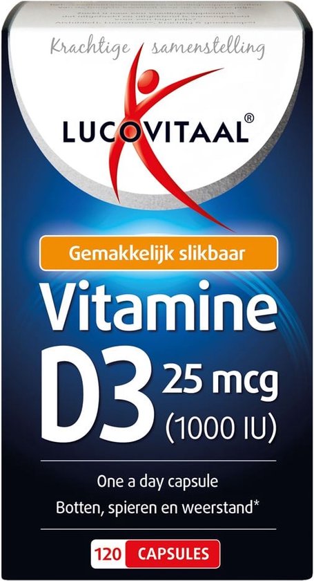 Lucovitaal Vitamine D3 25 mcg (1000 IE) in een verpakking van 120 capsules. Gemakkelijk slikbare capsule voor botten, tanden en weerstand.