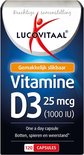 Lucovitaal Vitamine D3 25 mcg (1000 IE) in een verpakking van 120 capsules. Gemakkelijk slikbare capsule voor botten, tanden en weerstand.